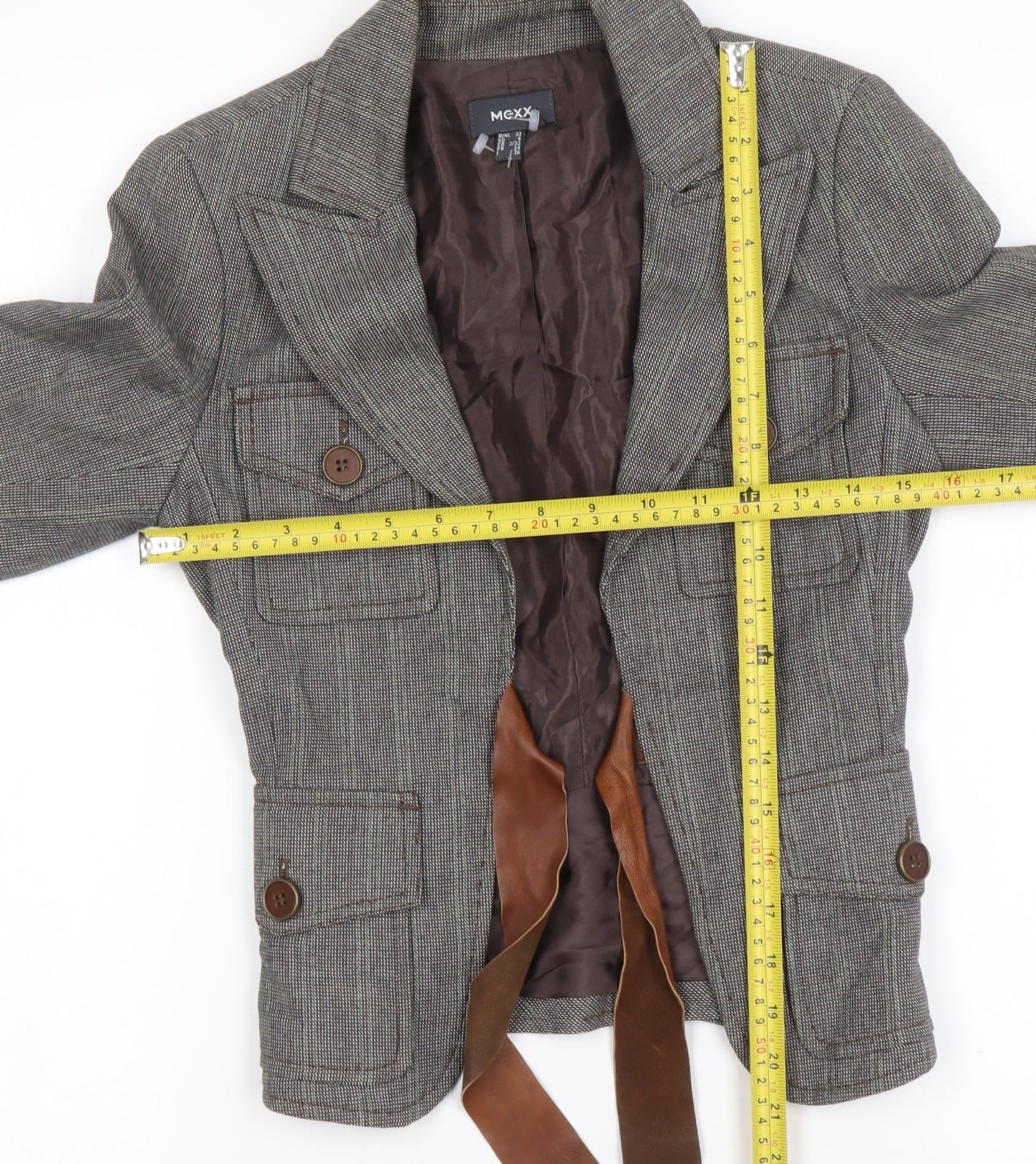 Mexx Women's Grey Checked Tailored Blazer Size 6 Wool Blend Jacket