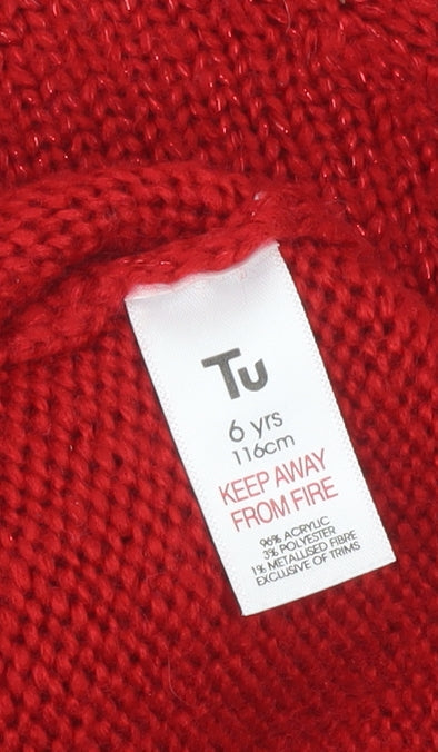 Tu Girls Red Christmas Tree Jumper 6 Years Acrylic Blend