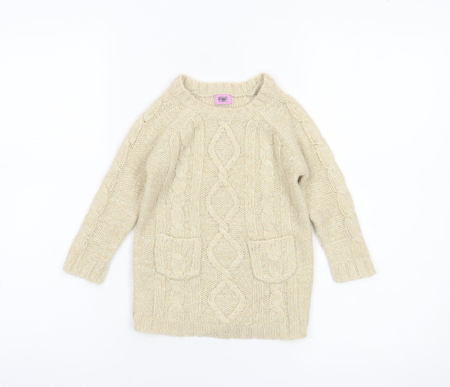 F&F Beige Cable Knit Acrylic Pullover Jumper 12-18 Months Unisex Baby