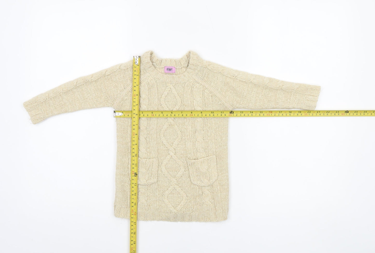 F&F Beige Cable Knit Acrylic Pullover Jumper 12-18 Months Unisex Baby