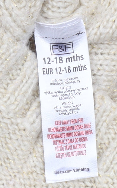 F&F Beige Cable Knit Acrylic Pullover Jumper 12-18 Months Unisex Baby