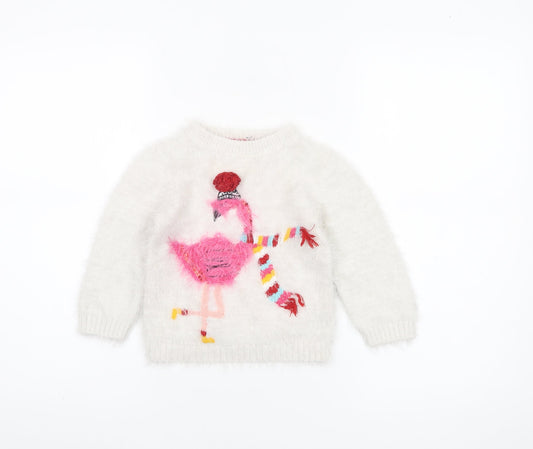 Nutmeg Girls Ivory Fuzzy Pullover Jumper 2-3 Years Pink Flamingo Winter Knit