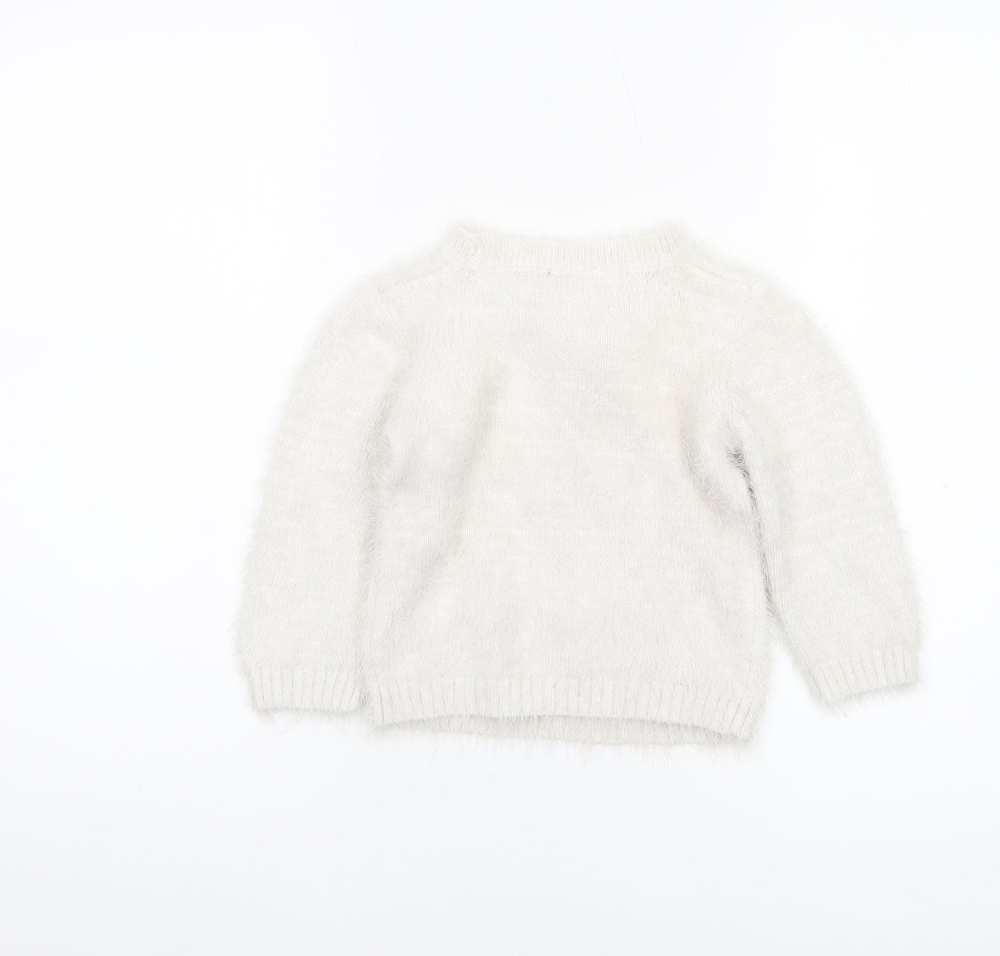 Nutmeg Girls Ivory Fuzzy Pullover Jumper 2-3 Years Pink Flamingo Winter Knit