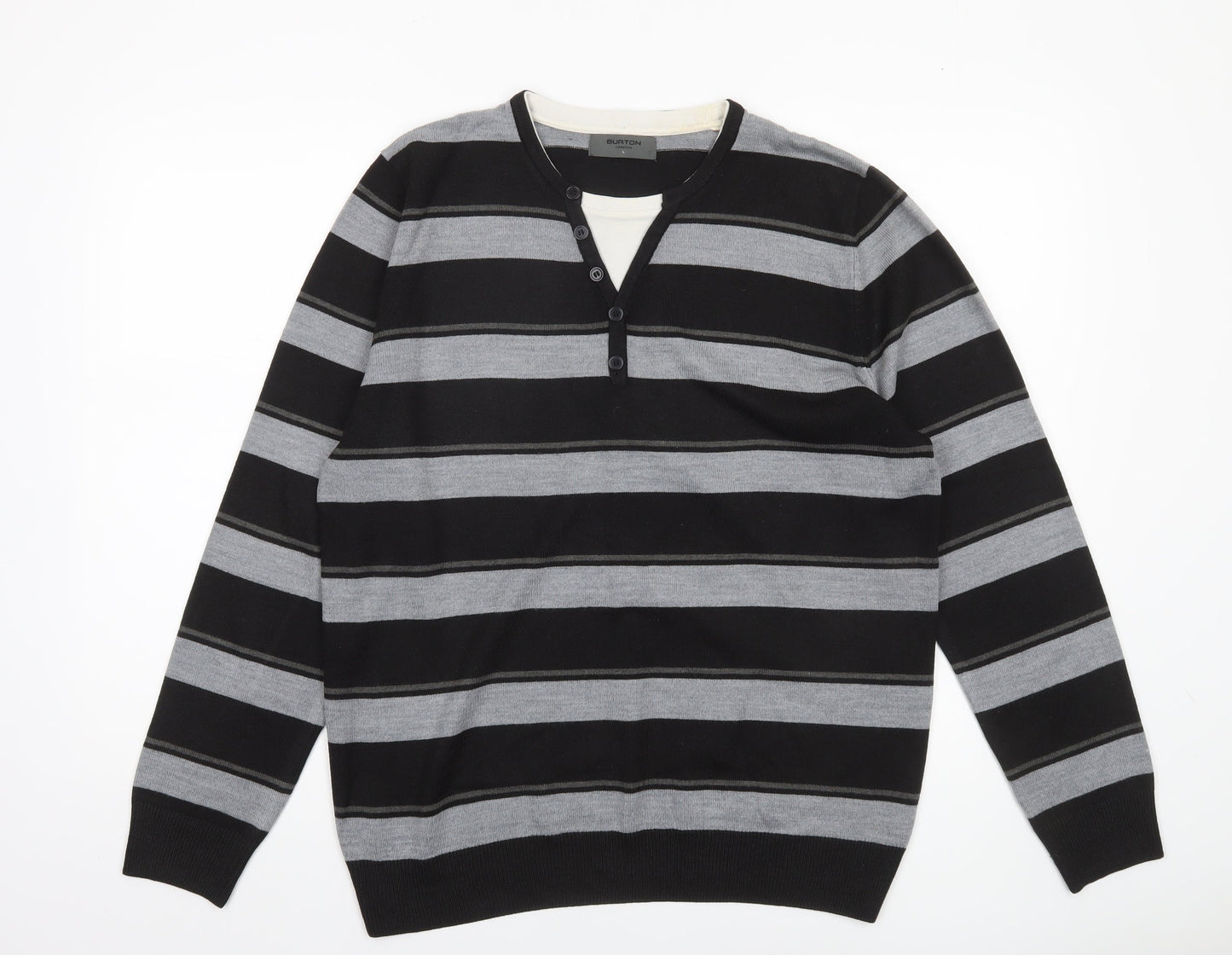 Burton Men’s Black Grey Striped Henley Jumper Size L Acrylic Knit