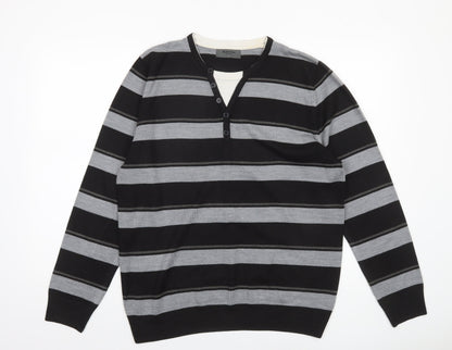 Burton Men’s Black Grey Striped Henley Jumper Size L Acrylic Knit