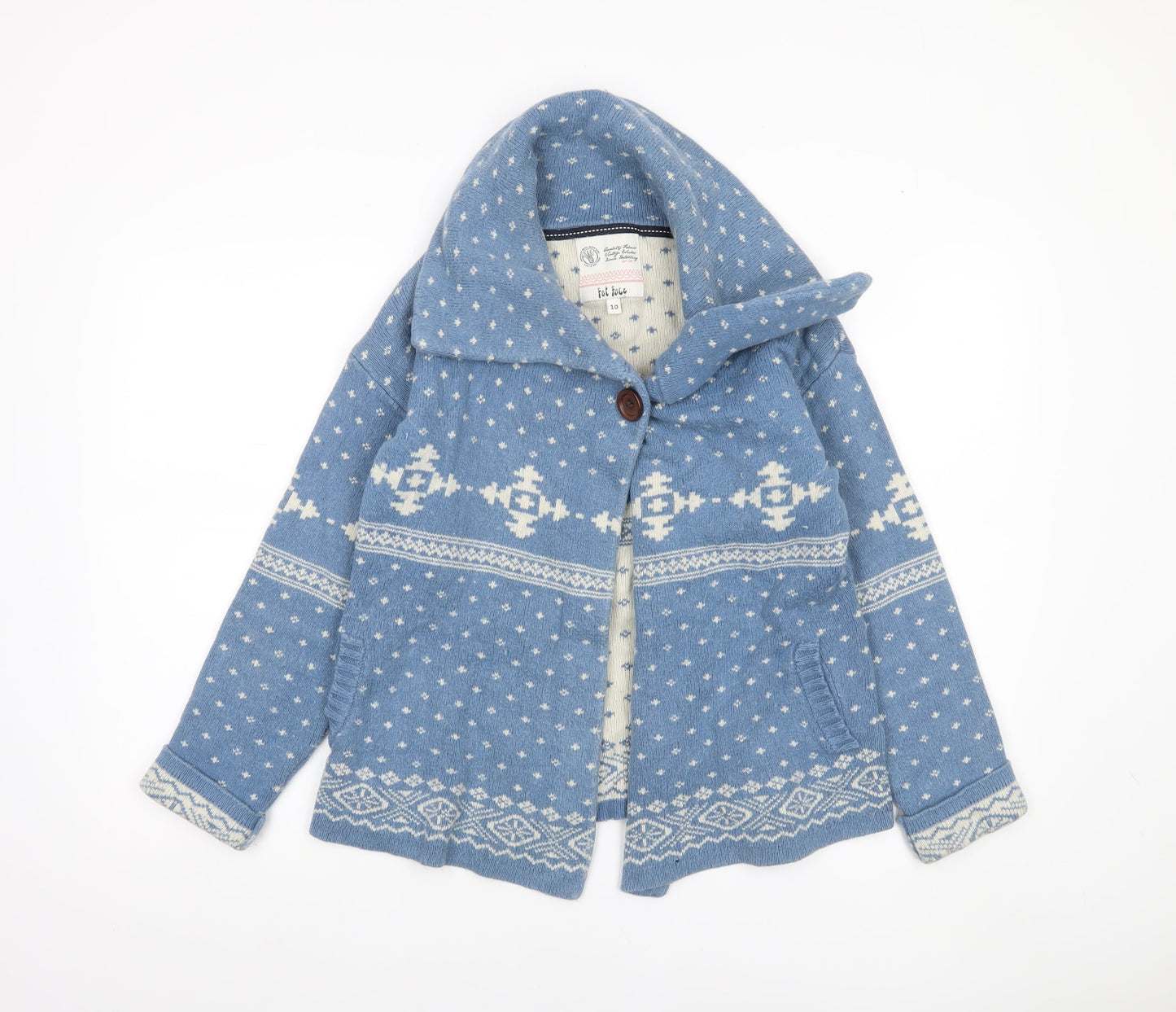 Fat Face Women Blue Fair Isle Wool Blend Cardigan Size 10