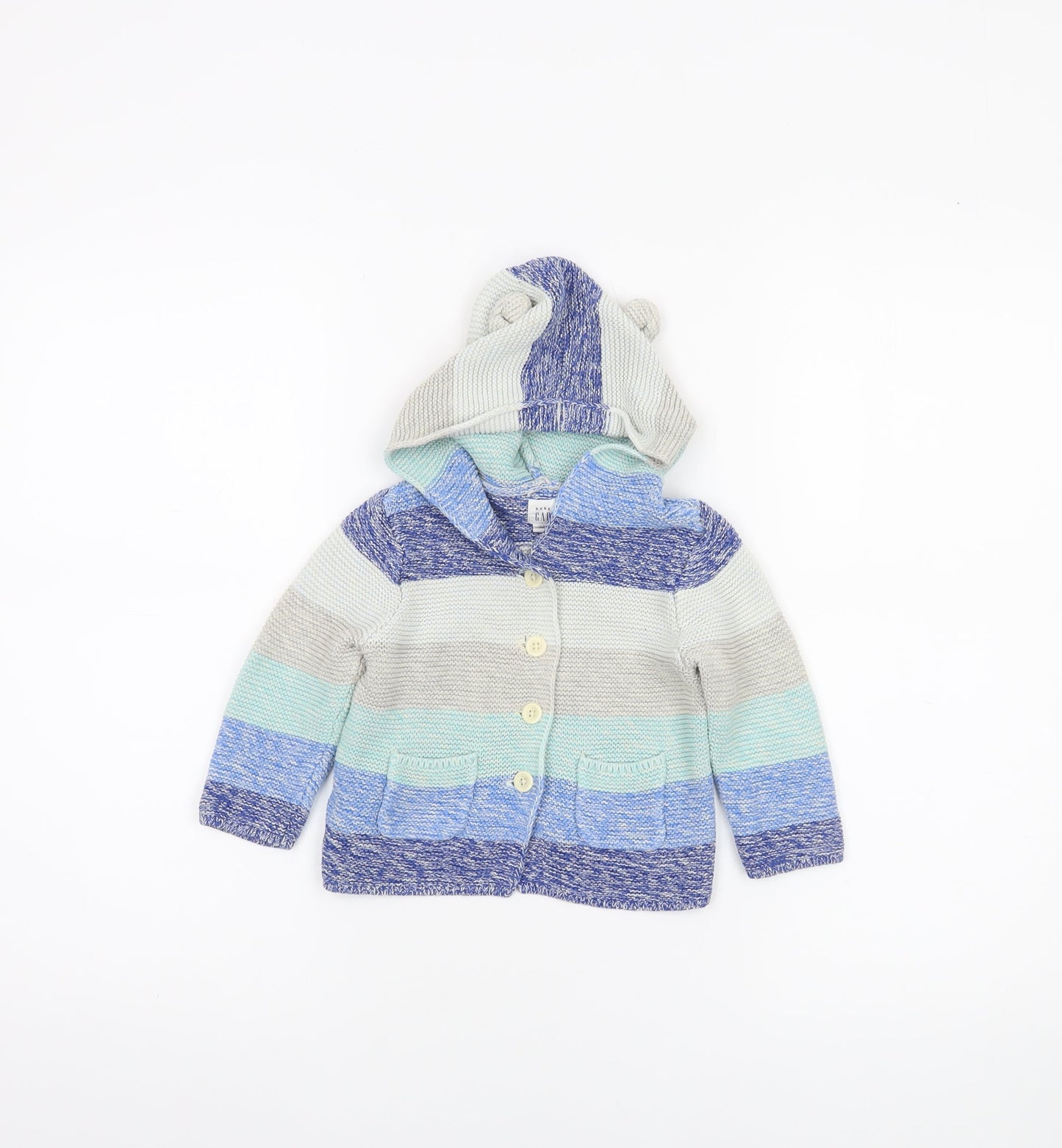 Baby GAP Blue Striped Hooded Knit Cardigan 12-18 Months Cotton Unisex