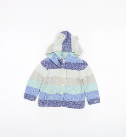 Baby GAP Blue Striped Hooded Knit Cardigan 12-18 Months Cotton Unisex