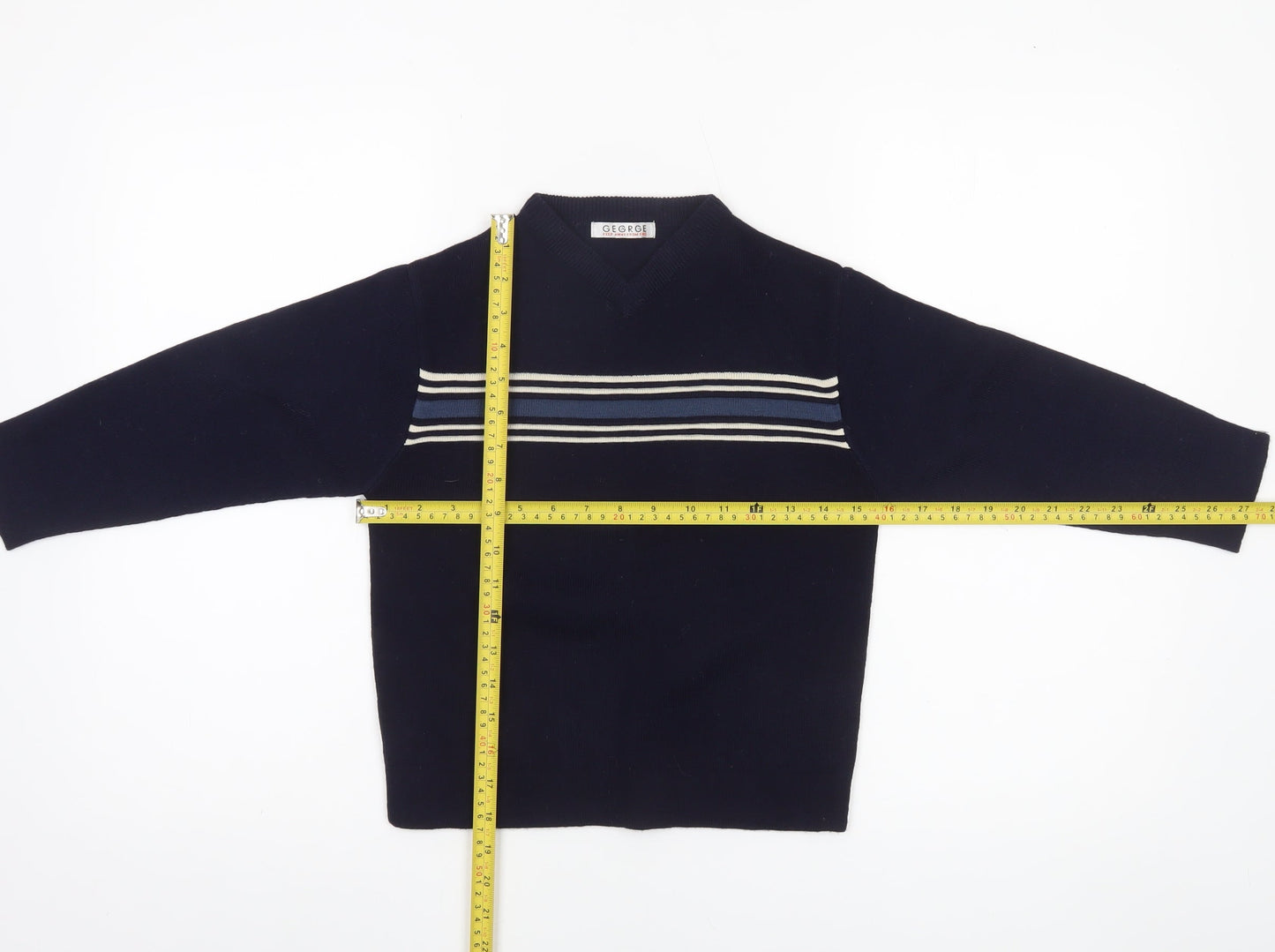 George Boys Navy Striped V-Neck Jumper 5-6 Years Acrylic Knit