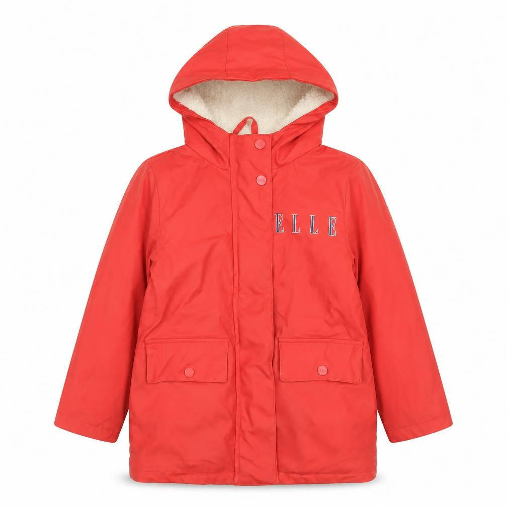 ELLE Girls Red Hooded Lined Rain Coat 5-6 Years Waterproof Mid-Length Jacket