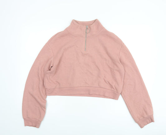 H&M Divided Women's Pink 1/4 Zip Cropped Sweatshirt Size S Cotton Blend