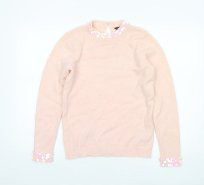 Dorothy Perkins Women Pink Sequin Trim Crew Neck Pullover Jumper UK 10