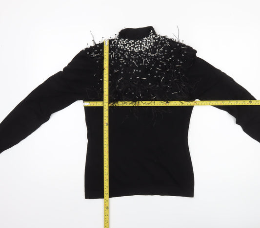 Karen Millen Women's Black Beaded Feather High Neck Jumper Size M