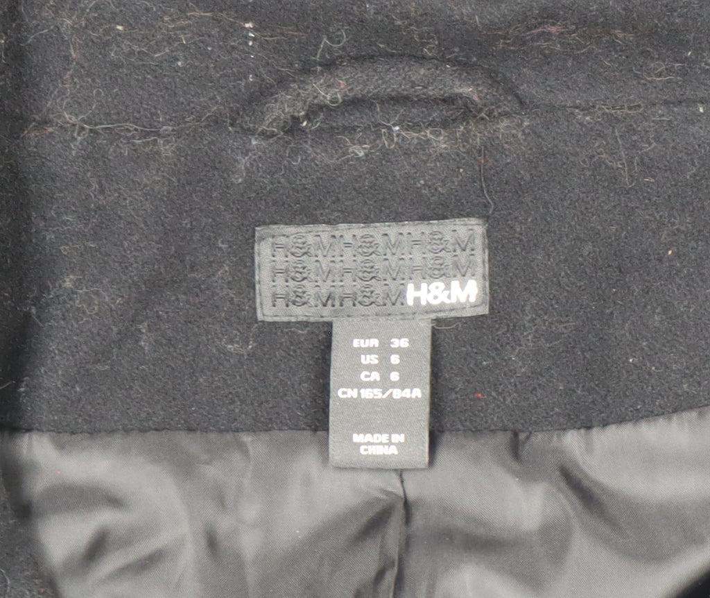 H&M Women’s Black Wool Blend Mid-Length Overcoat Size 8