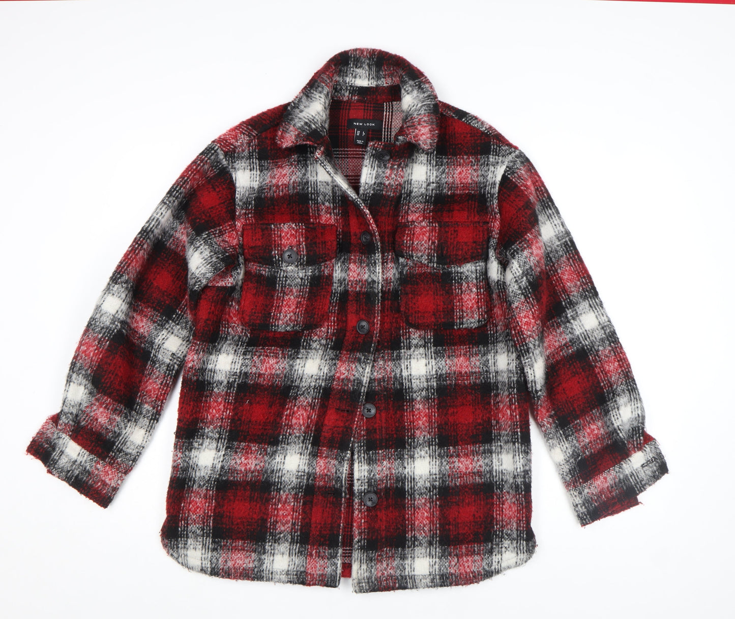New Look Women's Red Check Wool Blend Button Jacket Size 6