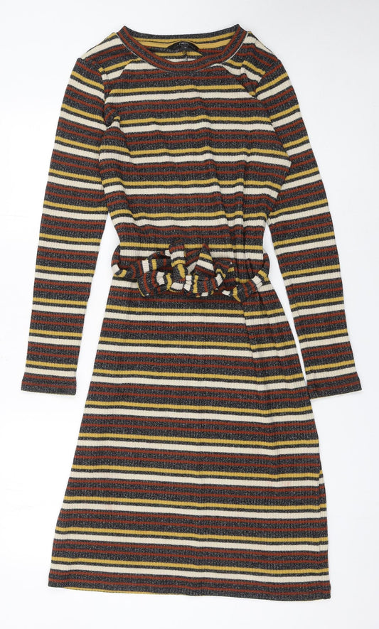 Next Womens Multicoloured Stripe Knit Belted Fit & Flare Dress Size 10