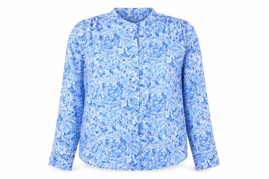Front view of Gallery Women's Blue Floral Long Sleeve Polyester Blouse, size 14