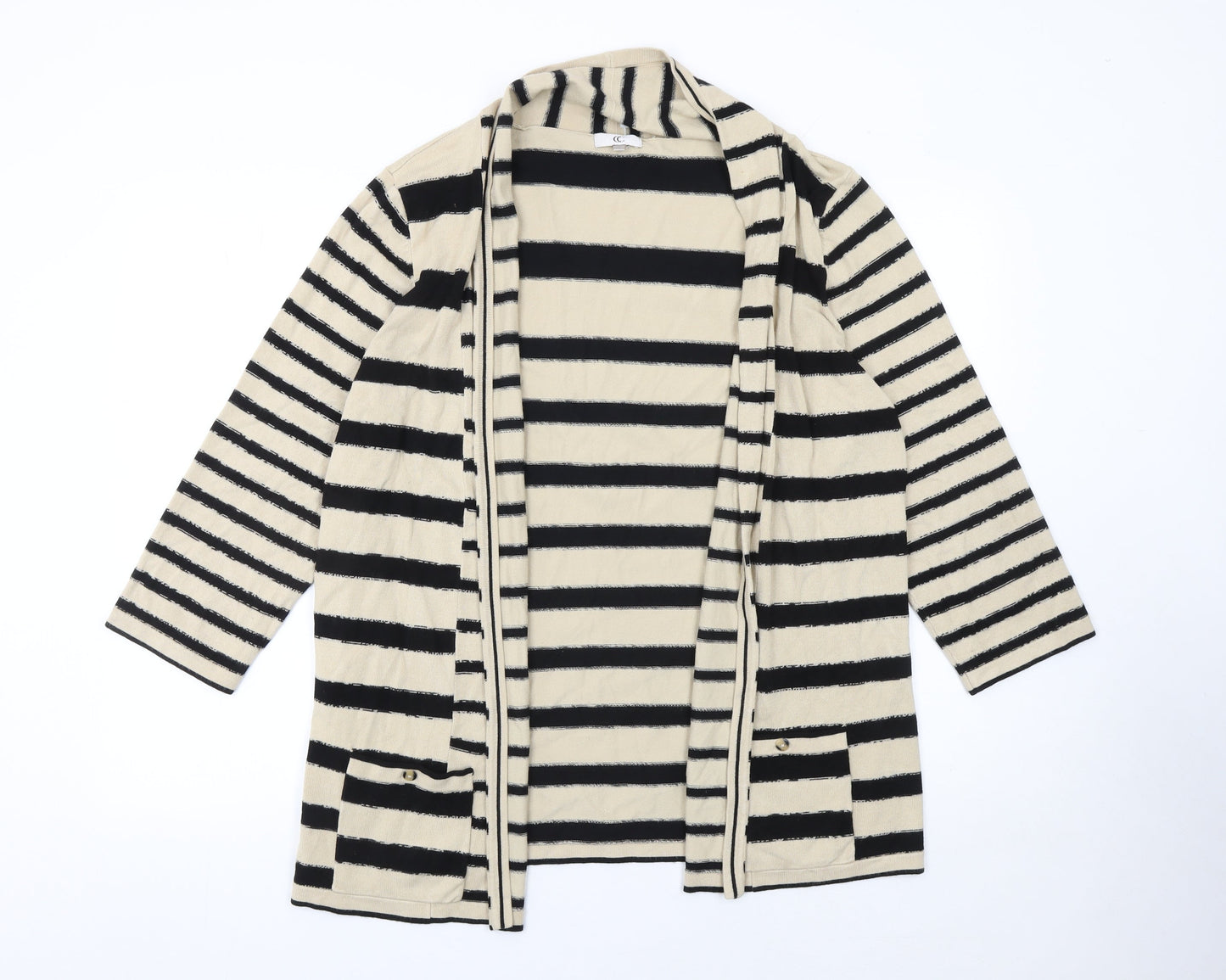 CC Women Beige Black Striped Knit Longline Cardigan XL