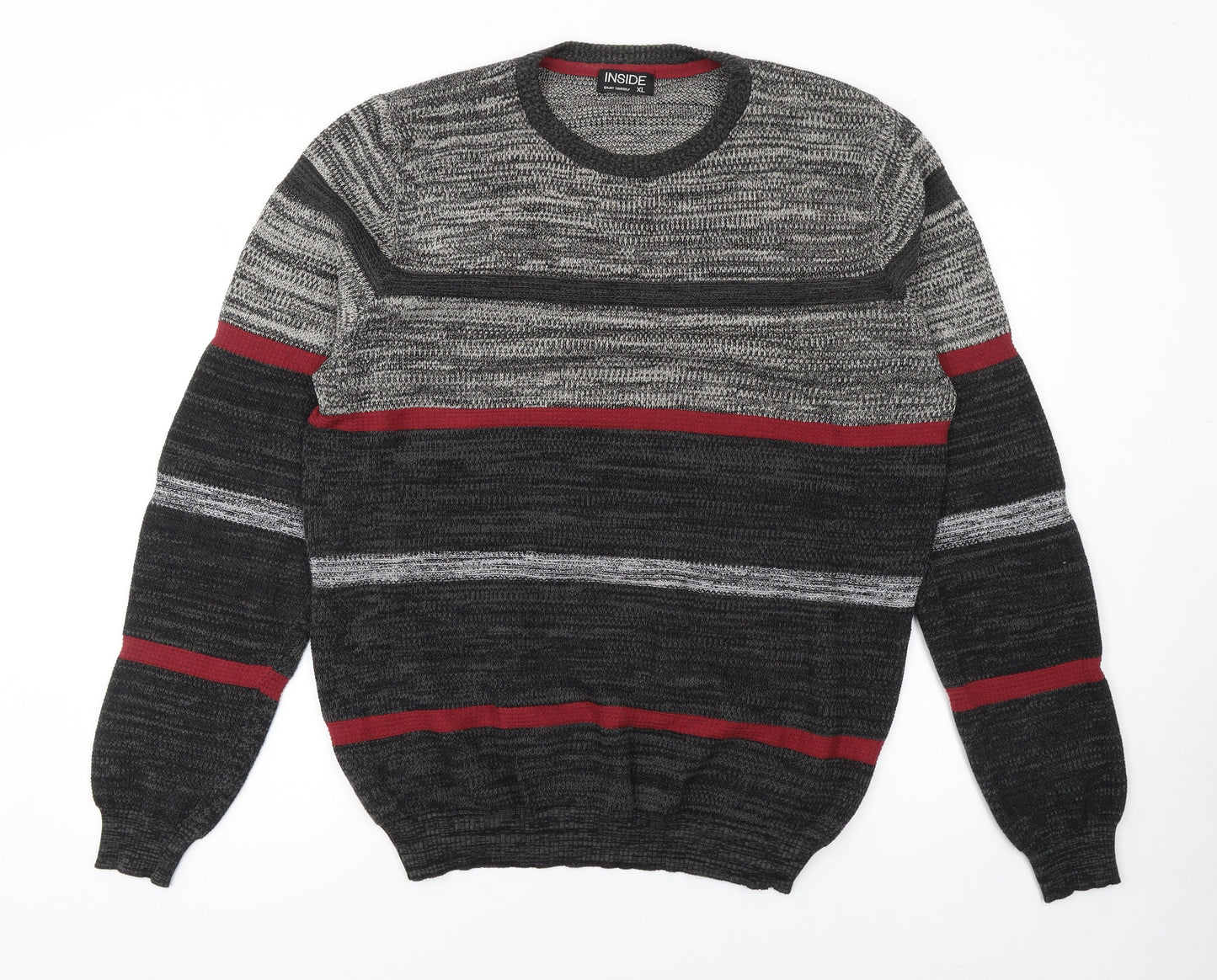 INSIDE Men's Grey Striped Cotton Crew Neck Jumper XL