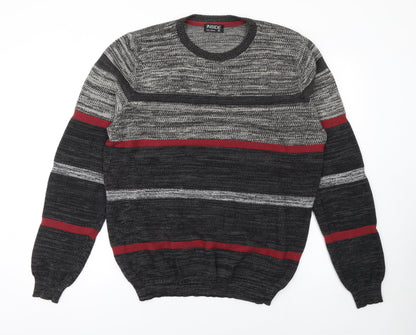 INSIDE Men's Grey Striped Cotton Crew Neck Jumper XL