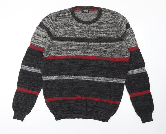 INSIDE Men's Grey Striped Cotton Crew Neck Jumper XL
