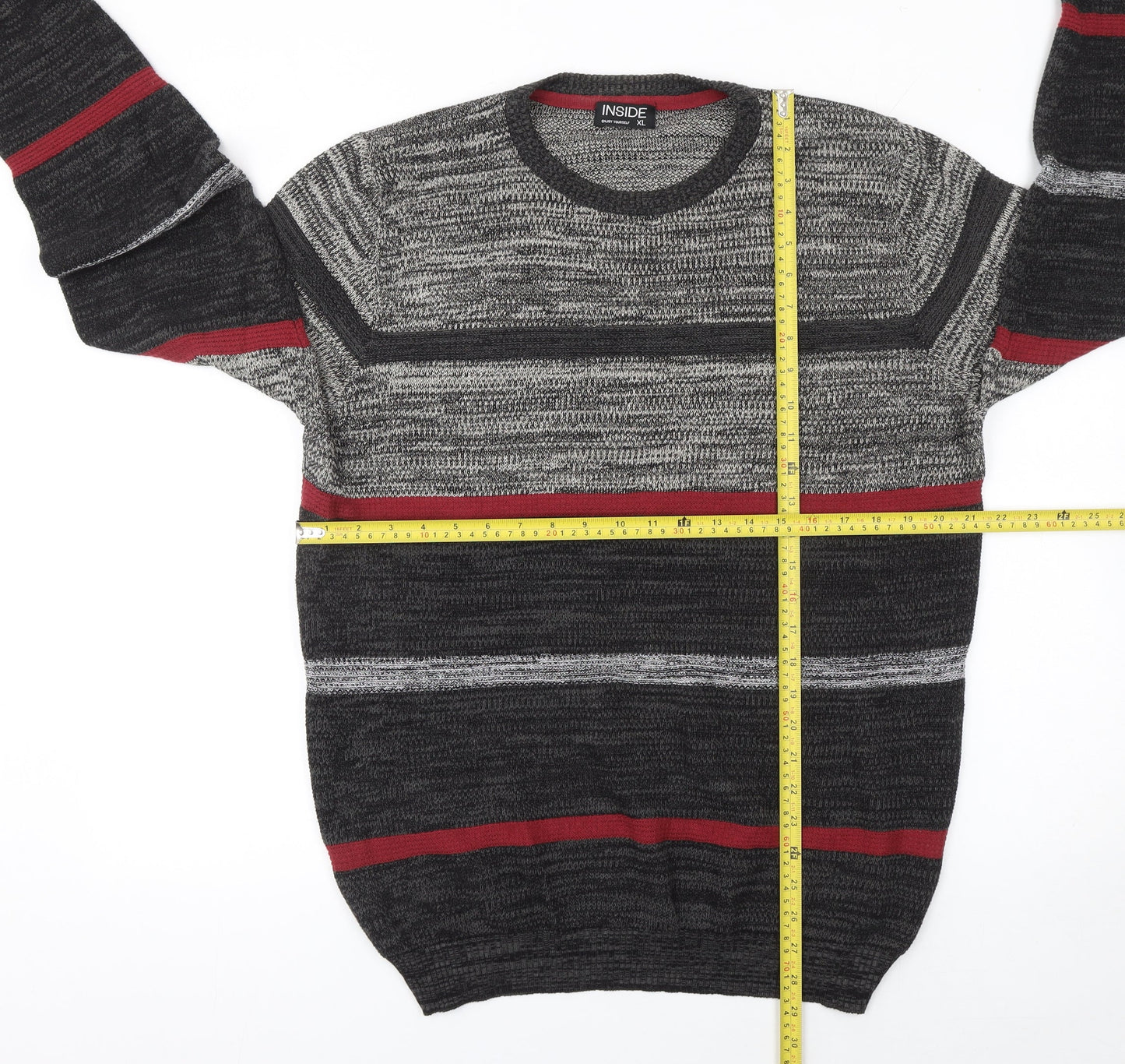 INSIDE Men's Grey Striped Cotton Crew Neck Jumper XL