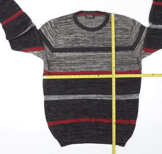 INSIDE Men's Grey Striped Cotton Crew Neck Jumper XL