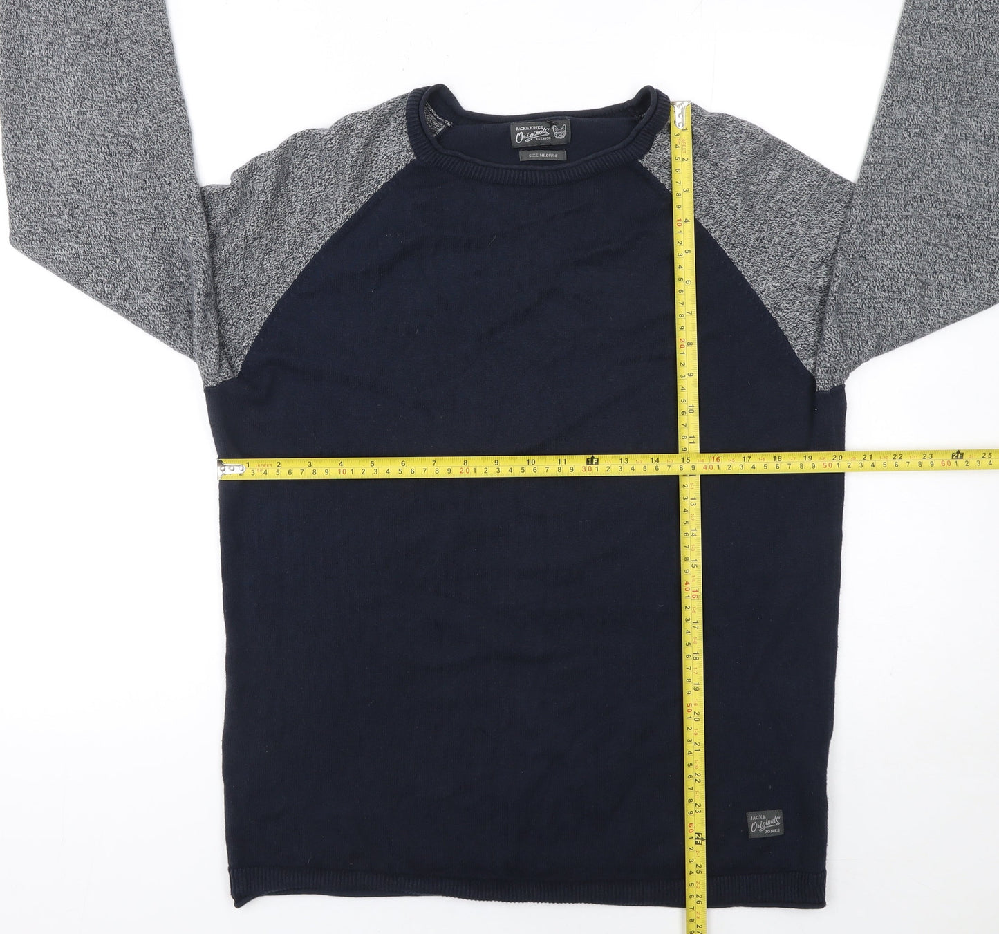 Jack & Jones Men's Blue Grey Cotton Crew Neck Pullover Jumper Medium