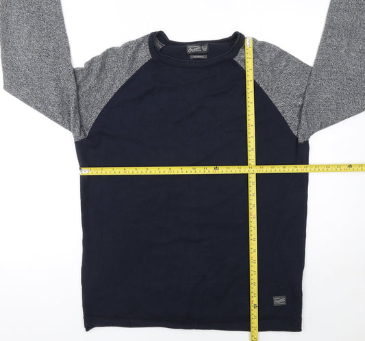 Jack & Jones Men's Blue Grey Cotton Crew Neck Pullover Jumper Medium