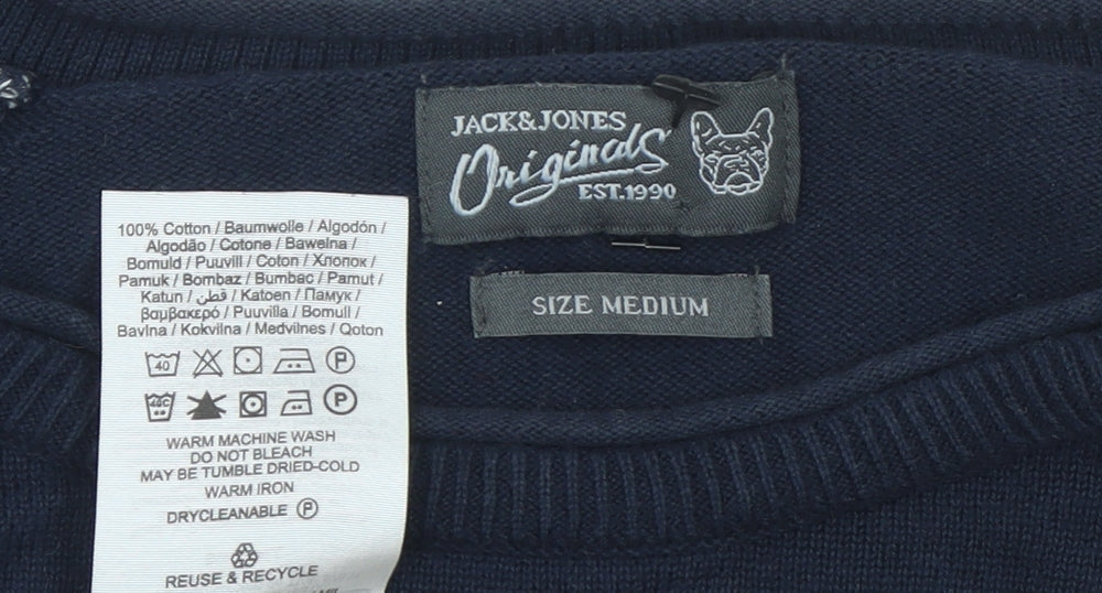 Jack & Jones Men's Blue Grey Cotton Crew Neck Pullover Jumper Medium
