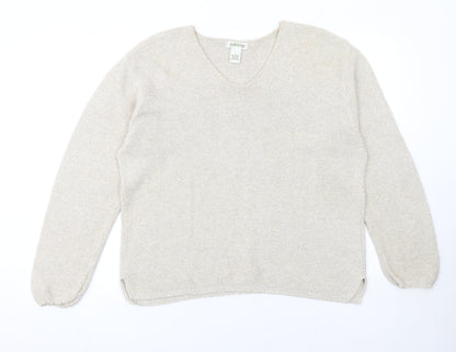 Orvis Women Beige Cotton Acrylic V-Neck Knit Jumper Size L