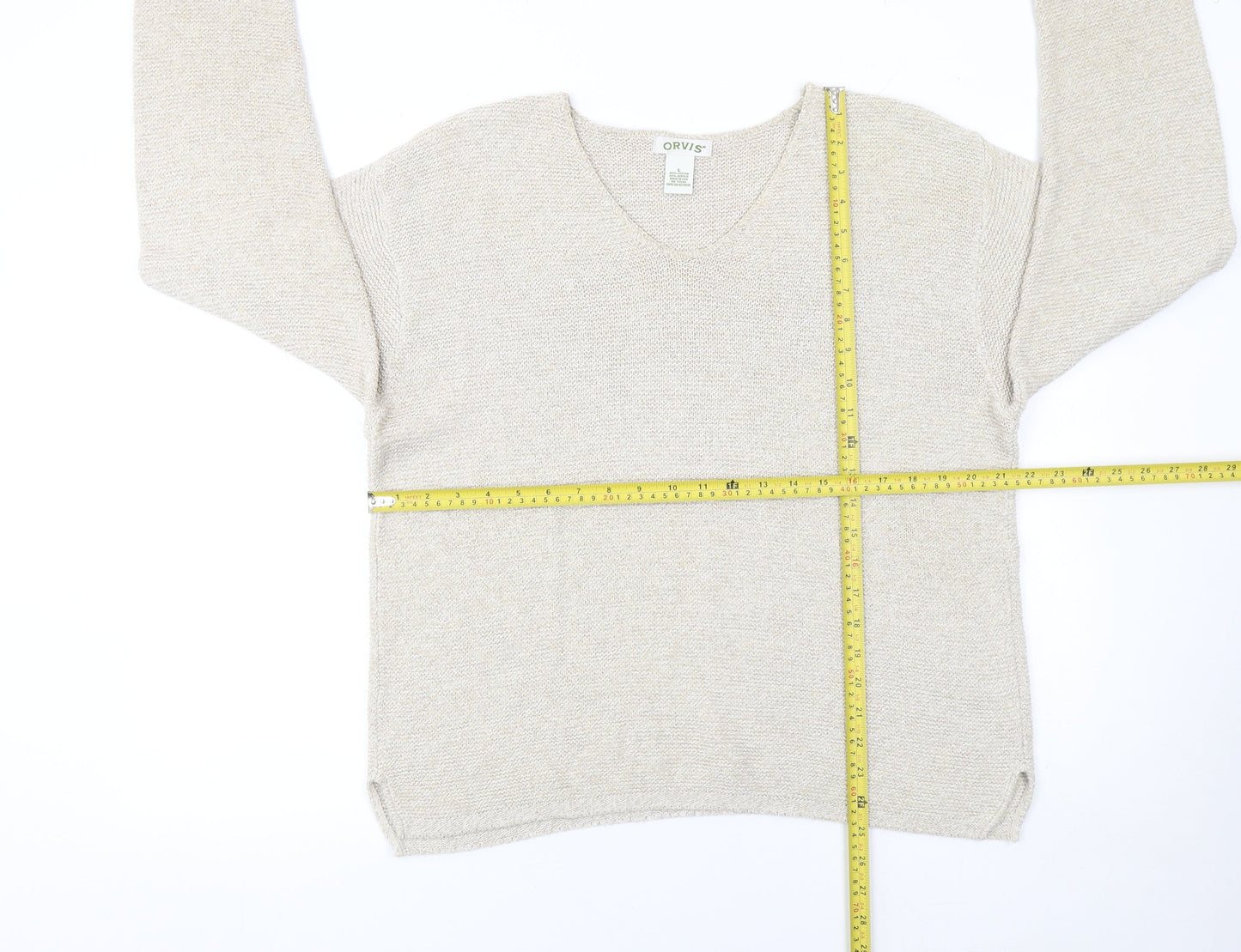 Orvis Women Beige Cotton Acrylic V-Neck Knit Jumper Size L