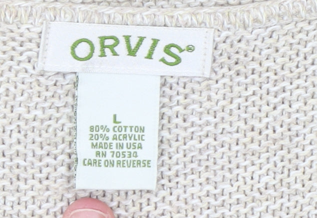 Orvis Women Beige Cotton Acrylic V-Neck Knit Jumper Size L