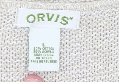 Orvis Women Beige Cotton Acrylic V-Neck Knit Jumper Size L