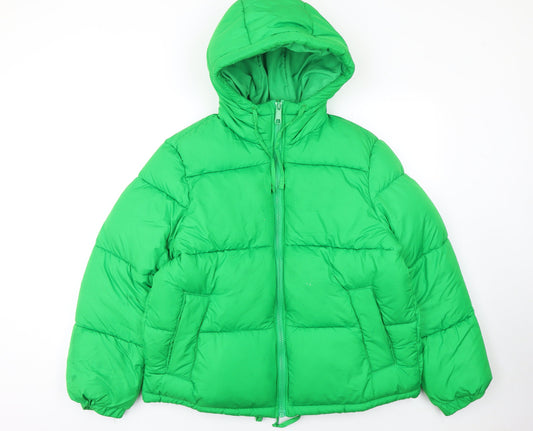 H&M Women Green Puffer Jacket Size S Hooded Winter Coat