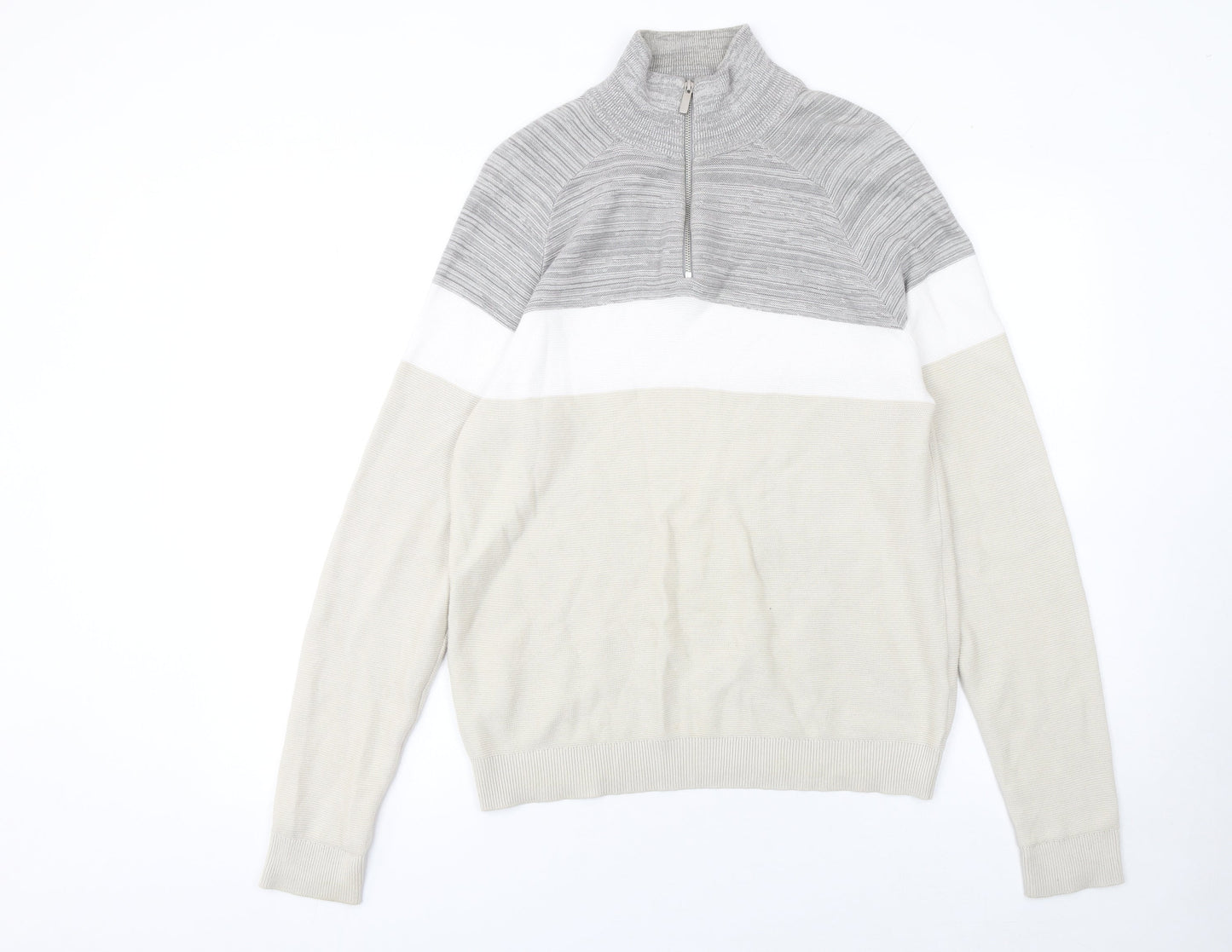 Primark Men's Beige Colour Block Cotton 1/2 Zip Jumper Small
