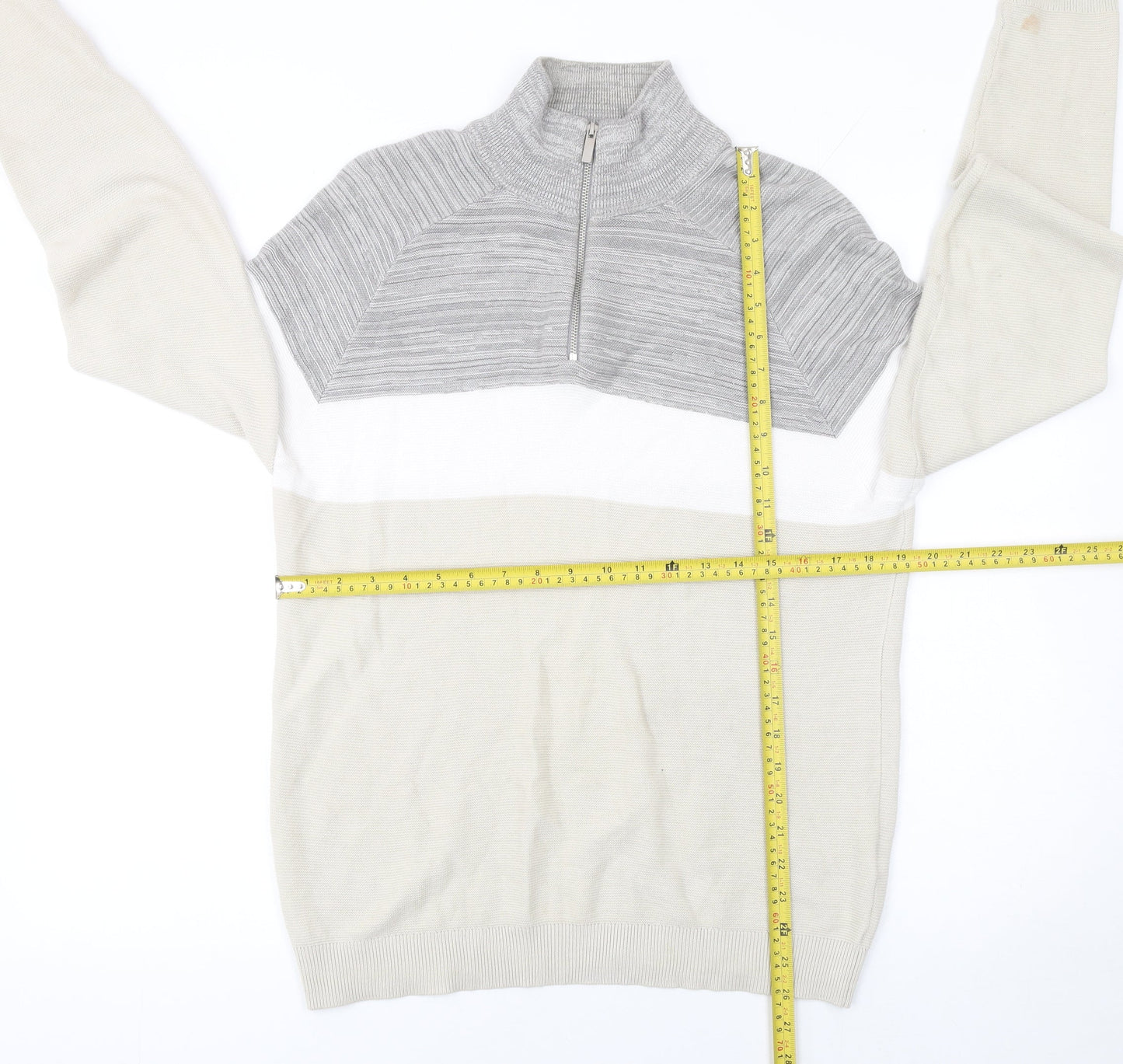 Primark Men's Beige Colour Block Cotton 1/2 Zip Jumper Small