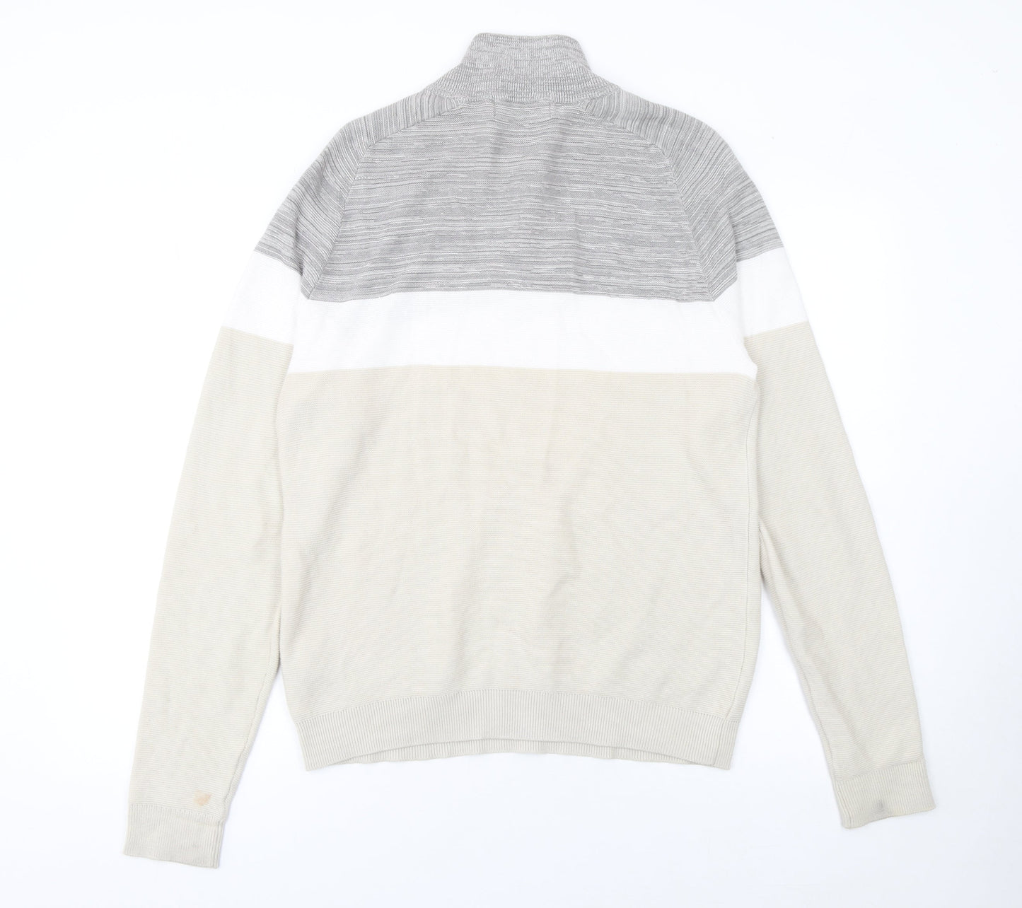 Primark Men's Beige Colour Block Cotton 1/2 Zip Jumper Small