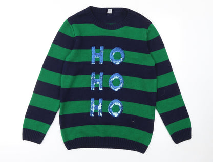 Tu Boys Green & Navy Striped Sequin HOHOHO Christmas Jumper 12 Years