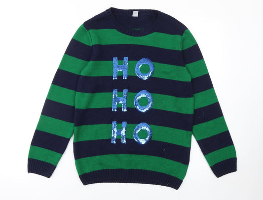 Tu Boys Green & Navy Striped Sequin HOHOHO Christmas Jumper 12 Years