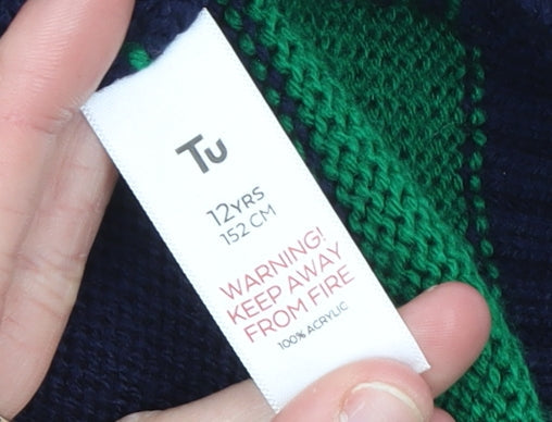 Tu Boys Green & Navy Striped Sequin HOHOHO Christmas Jumper 12 Years