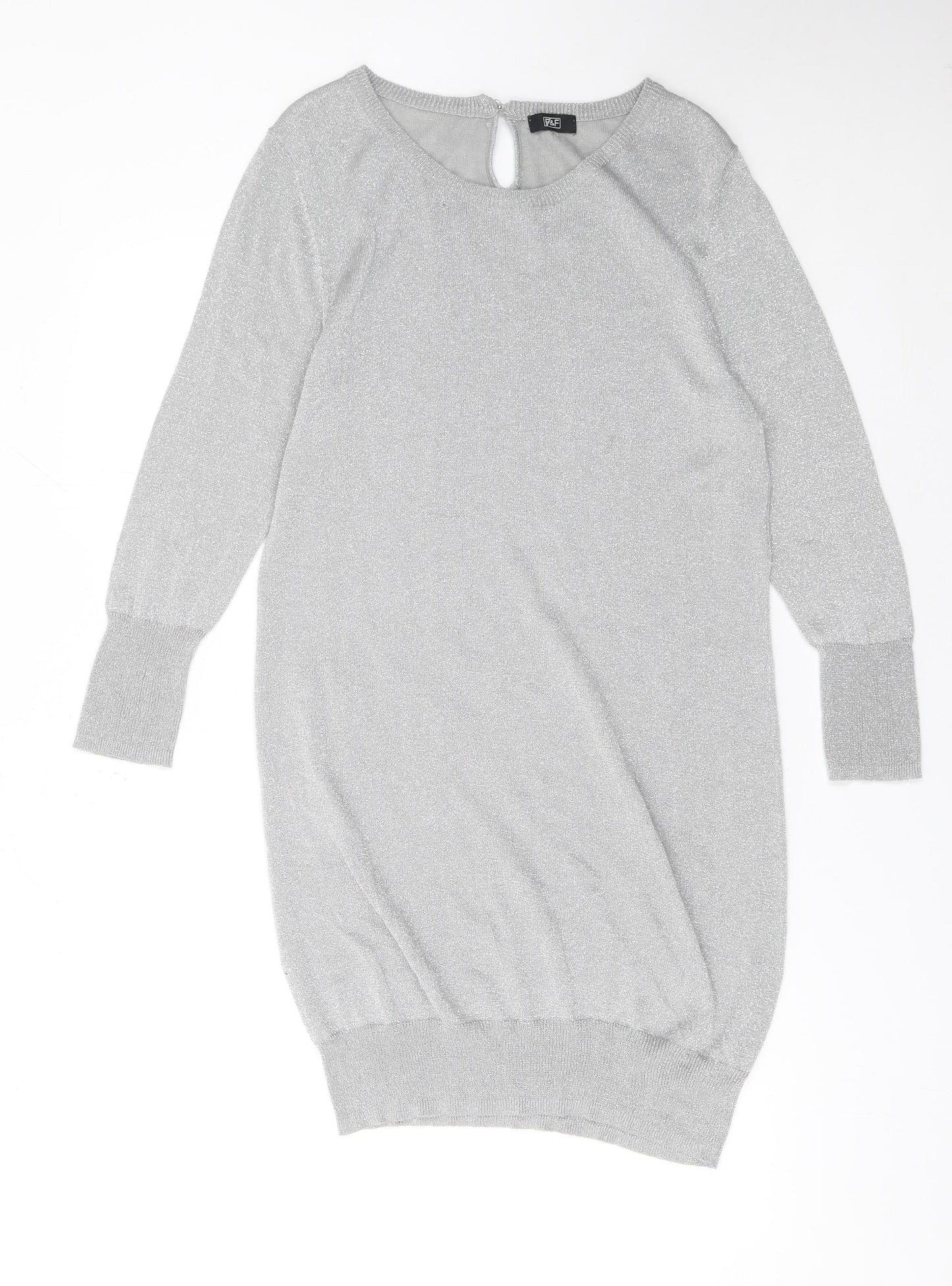 F&F Women Silver Metallic Jumper Dress Size 16 3/4 Sleeve Knit