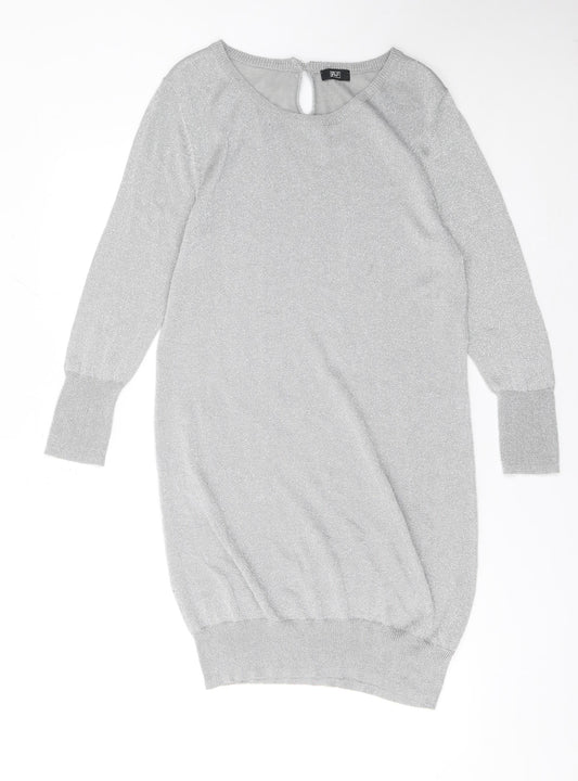 F&F Women Silver Metallic Jumper Dress Size 16 3/4 Sleeve Knit
