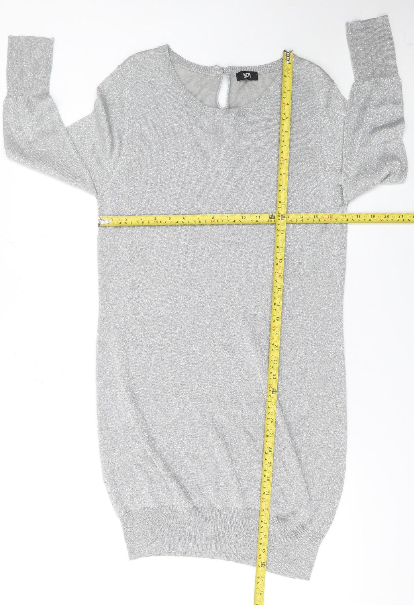 F&F Women Silver Metallic Jumper Dress Size 16 3/4 Sleeve Knit