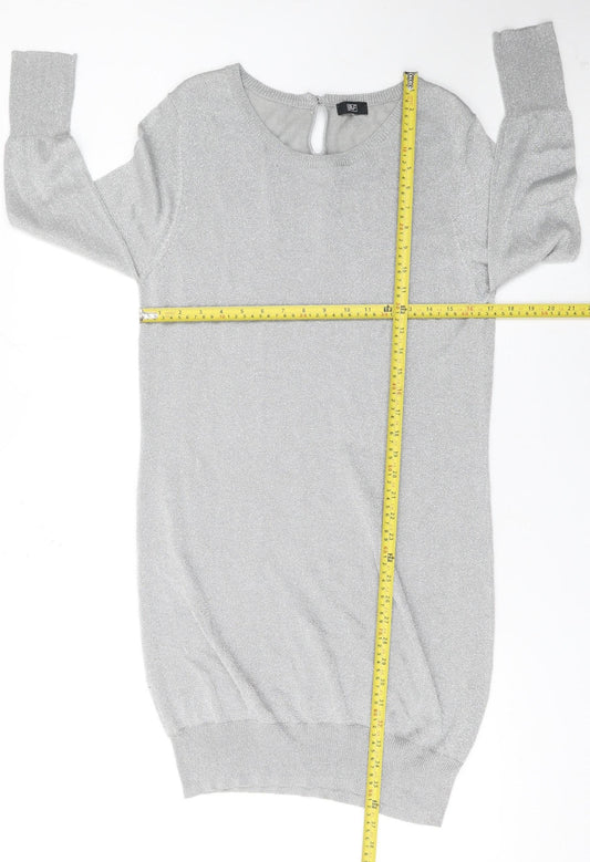F&F Women Silver Metallic Jumper Dress Size 16 3/4 Sleeve Knit