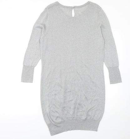 F&F Women Silver Metallic Jumper Dress Size 16 3/4 Sleeve Knit