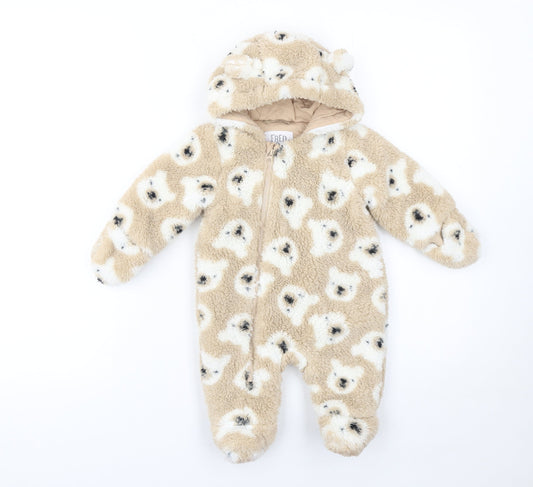 F&F Unisex Beige Teddy Fleece Hooded Babygrow 0-3 Months