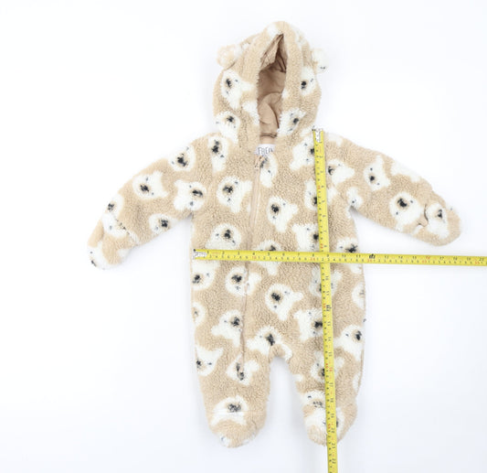 F&F Unisex Beige Teddy Fleece Hooded Babygrow 0-3 Months