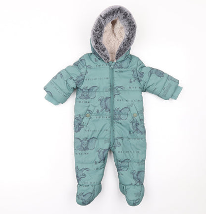 Disney Baby George Green Dumbo Snowsuit 3-6 Months Hooded Faux Fur Lined