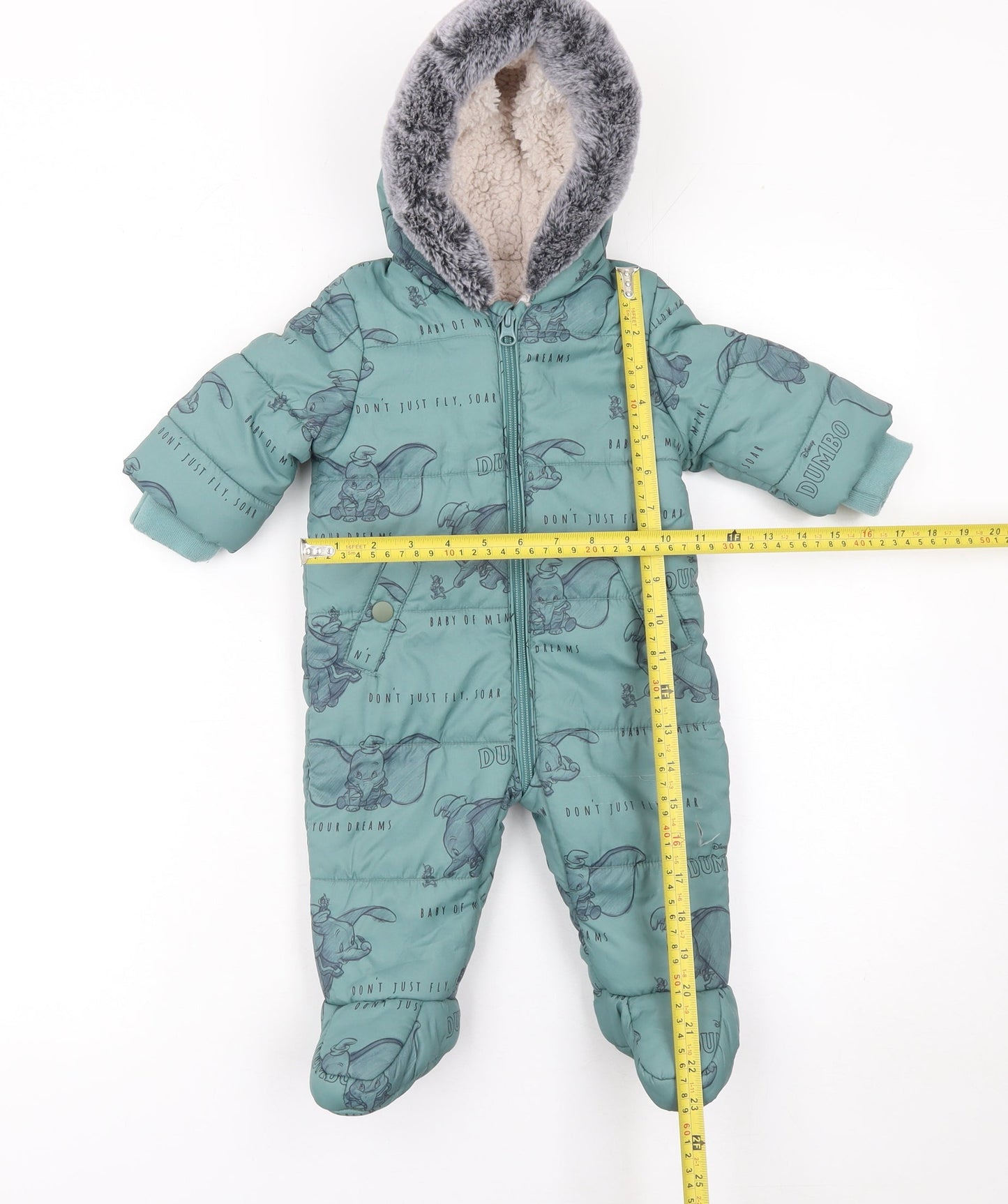 Disney Baby George Green Dumbo Snowsuit 3-6 Months Hooded Faux Fur Lined